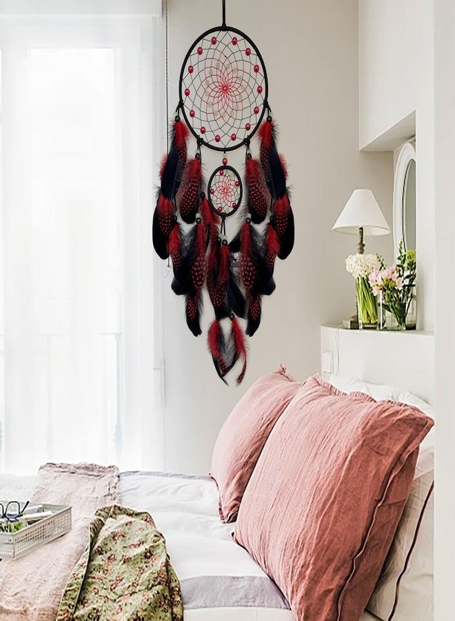 SOYUZU Red and Black Dream Catcher Wall Decor Feather Dream Catchers with Luminous Bead Handmade Dreamcatcher Wall Hanging Ornament for Bedroom Living Room Home Decor - Image 5